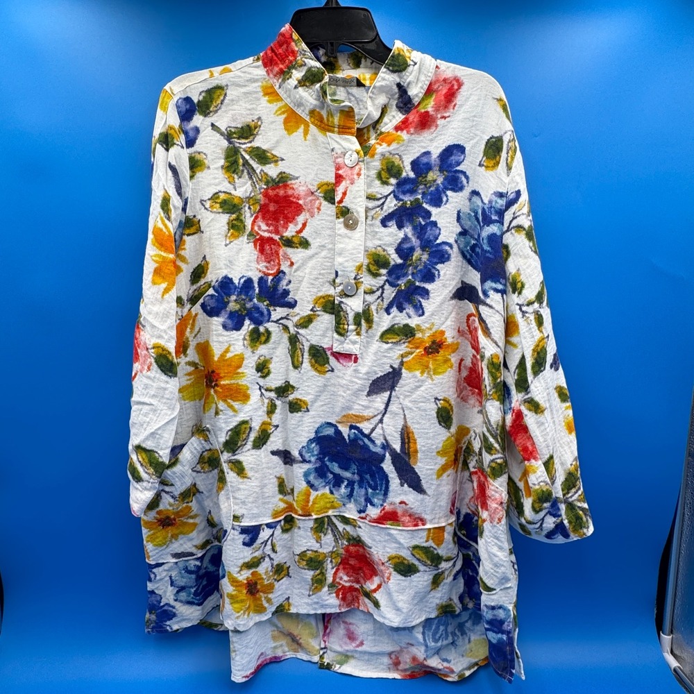 John Mark Floral Tunic Top XL XXL Multi Color Button Back High Low Oversized